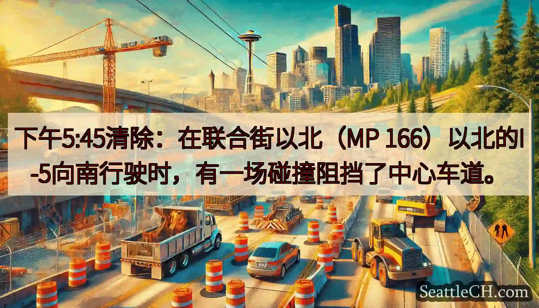 下午5:45清除：在联合街以北（MP 166）以北的I-5向南行驶时，有一场碰撞阻挡了中心车道。