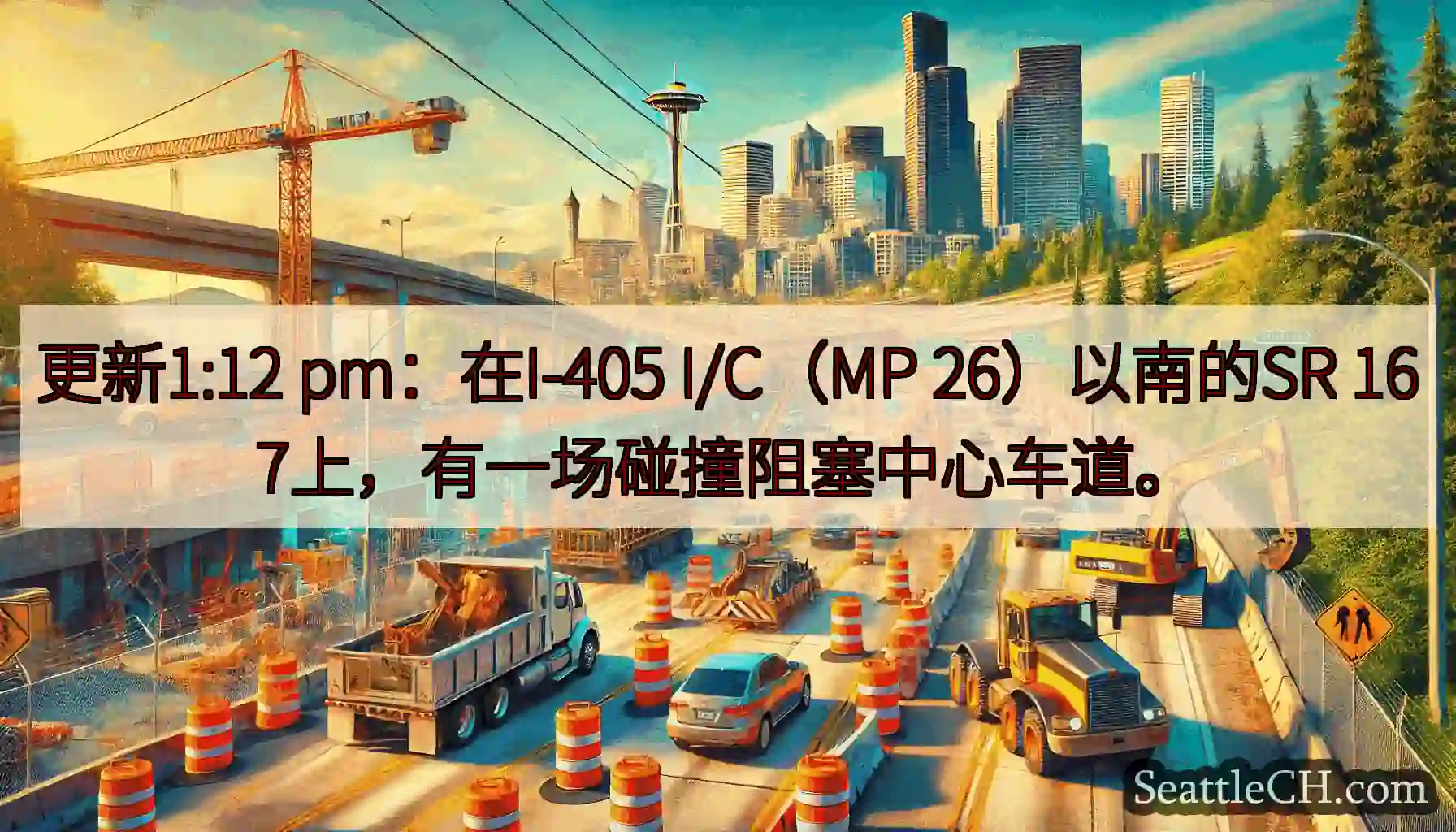 更新1:12 pm：在I-405 I/C（MP 26）以南的SR 167上，有一场碰撞阻塞中心车道。