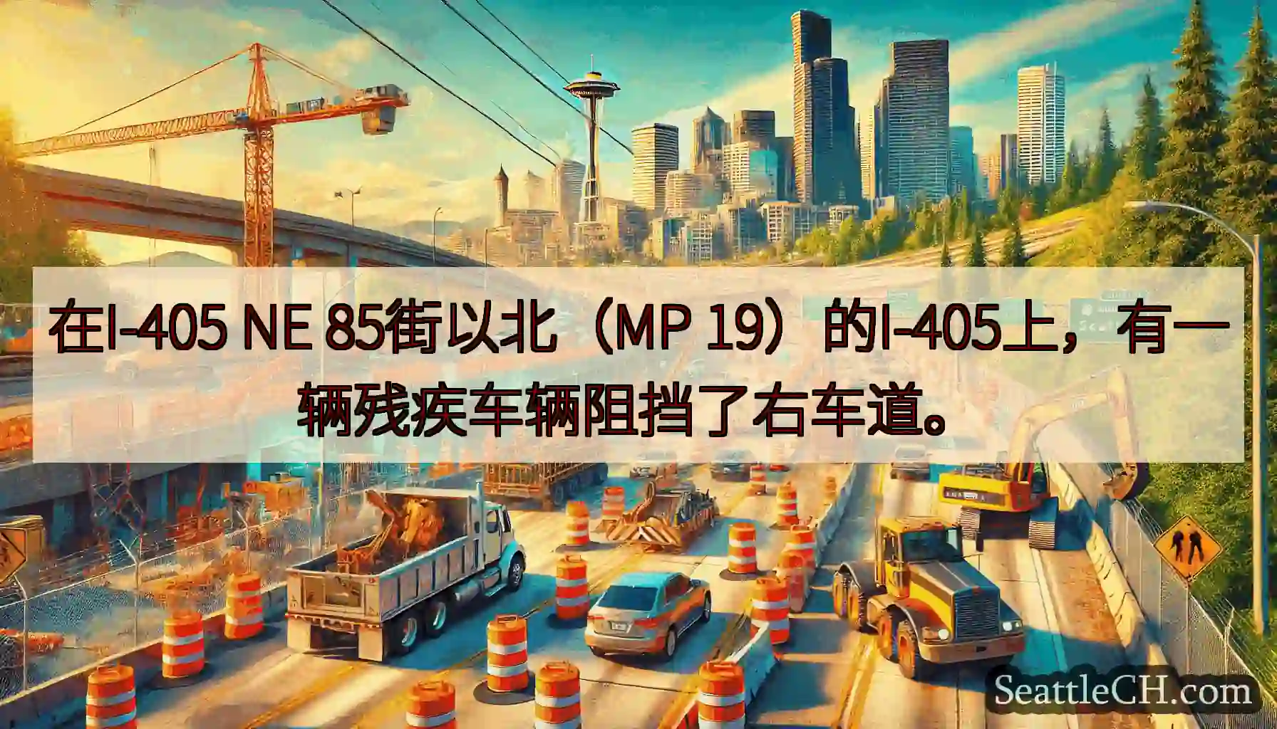 在I-405 NE 85街以北（MP 19）的I-405上，有一辆残疾车辆阻挡了右车道。