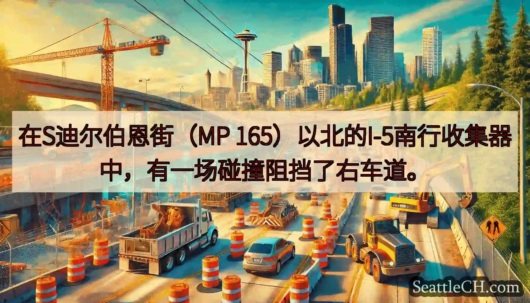 在S迪尔伯恩街（MP 165）以北的I-5南行收集器中，有一场碰撞阻挡了右车道。