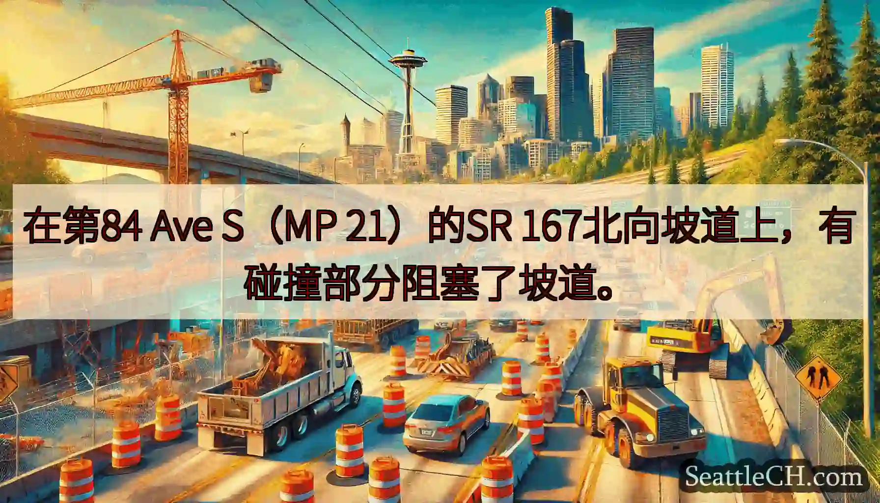 在第84 Ave S（MP 21）的SR 167北向坡道上，有碰撞部分阻塞了坡道。