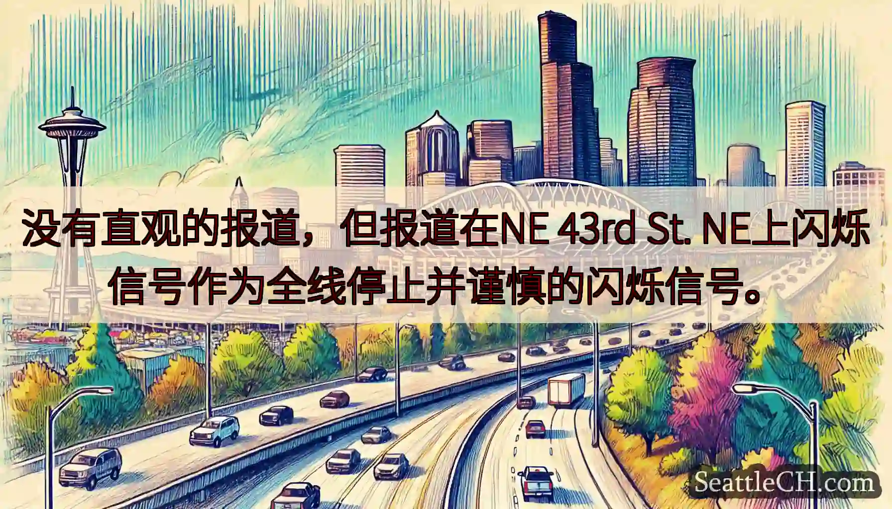 没有直观的报道，但报道在NE 43rd St. NE上闪烁信号作为全线停止并谨慎的闪烁信号。