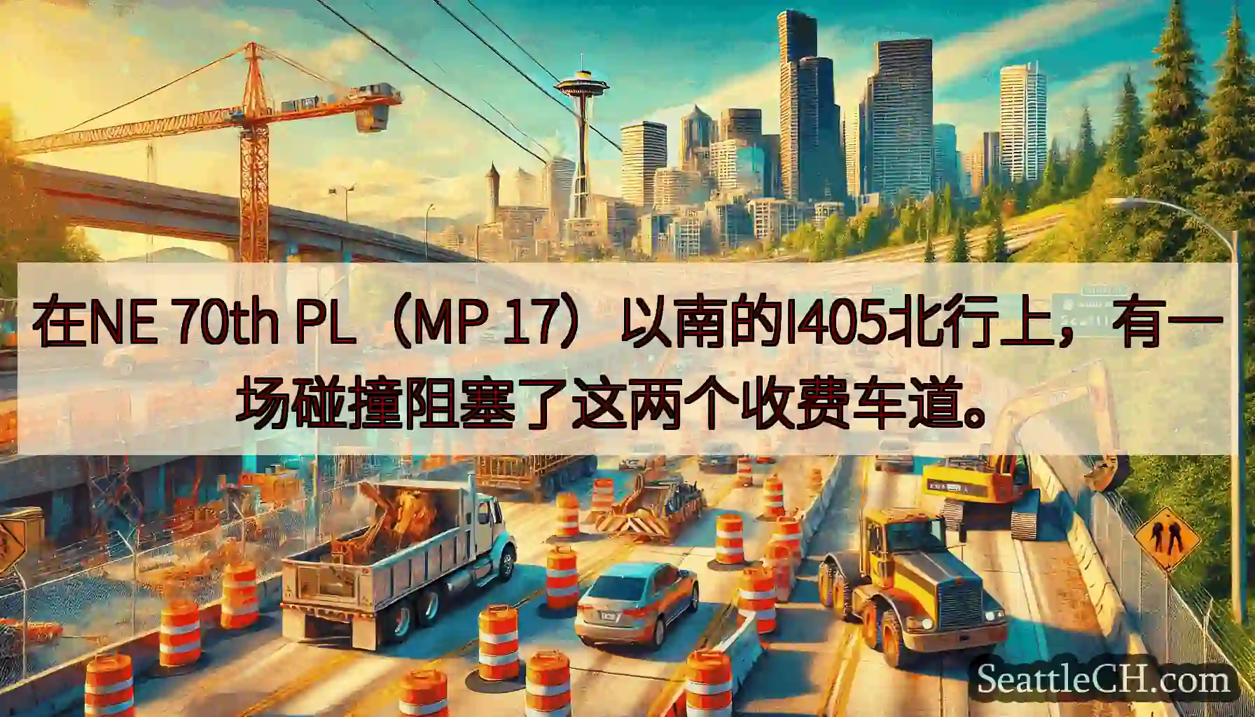 在NE 70th PL（MP 17）以南的I405北行上，有一场碰撞阻塞了这两个收费车道。