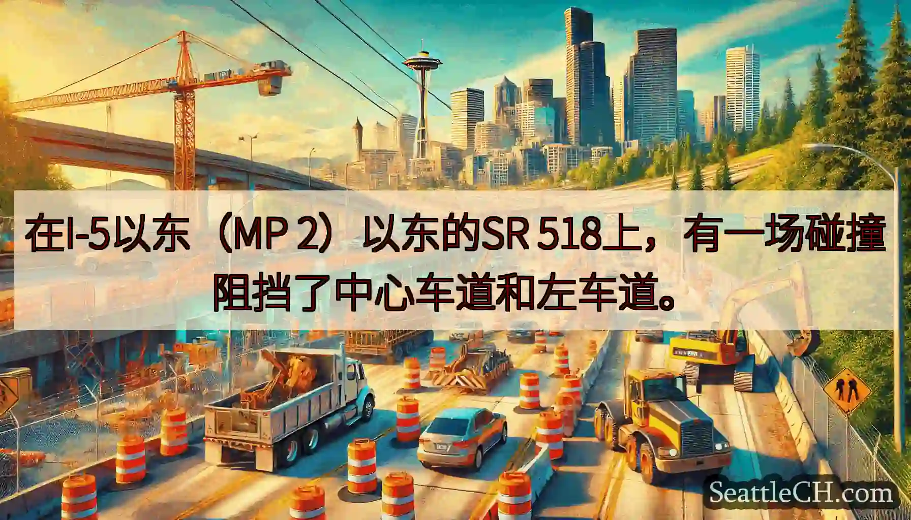 在I-5以东（MP 2）以东的SR 518上，有一场碰撞阻挡了中心车道和左车道。