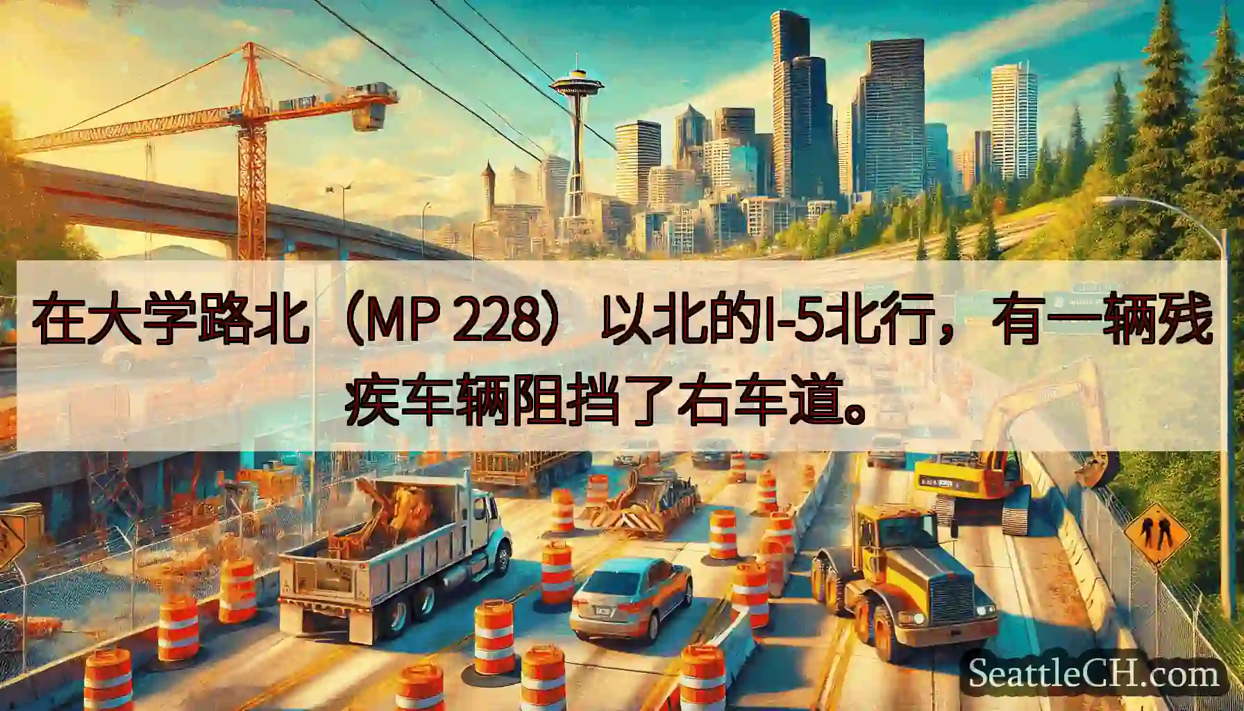 在大学路北（MP 228）以北的I-5北行，有一辆残疾车辆阻挡了右车道。