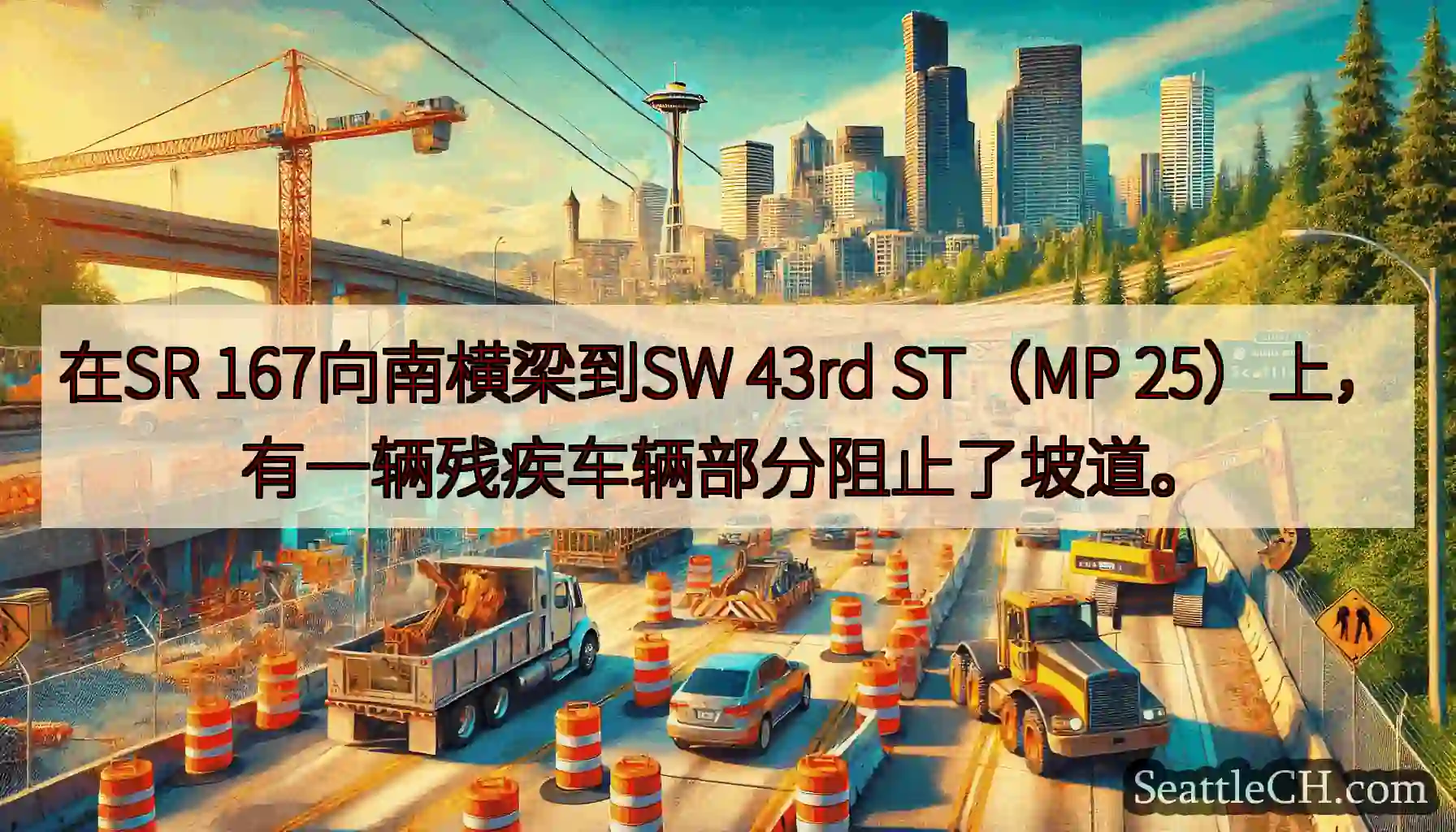 在SR 167向南横梁到SW 43rd ST（MP 25）上，有一辆残疾车辆部分阻止了坡道。