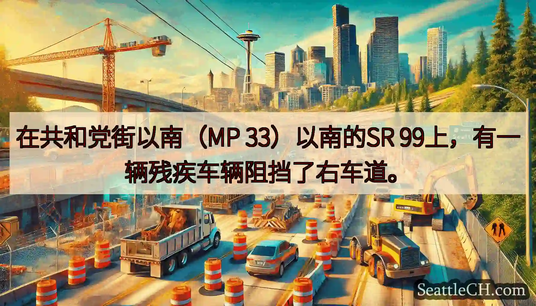 在共和党街以南（MP 33）以南的SR 99上，有一辆残疾车辆阻挡了右车道。