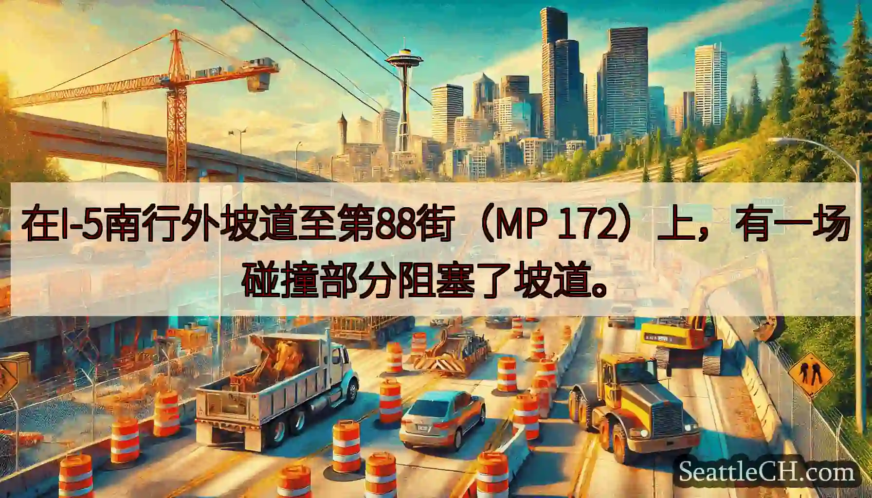在I-5南行外坡道至第88街（MP 172）上，有一场碰撞部分阻塞了坡道。