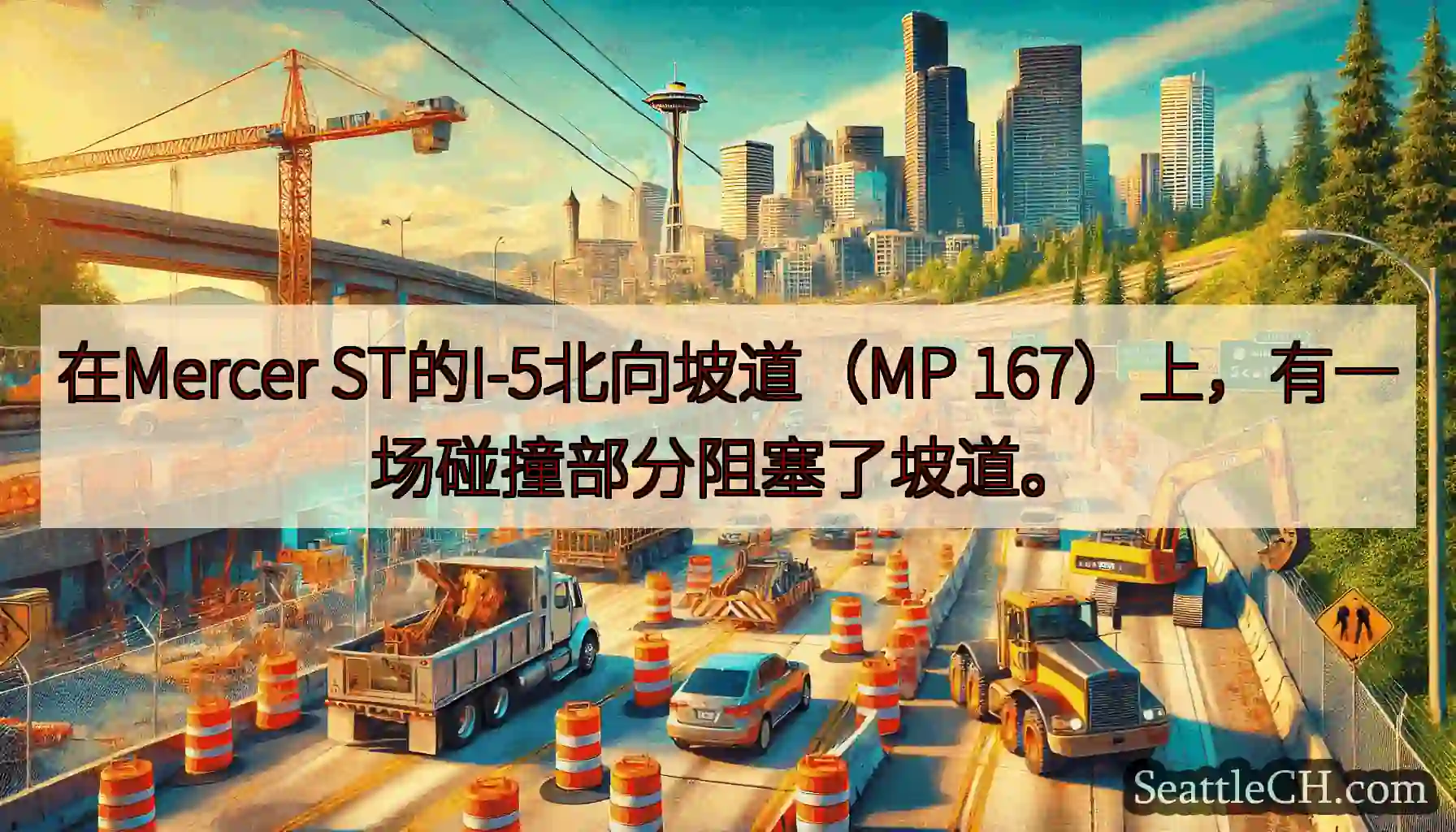 在Mercer ST的I-5北向坡道（MP 167）上，有一场碰撞部分阻塞了坡道。