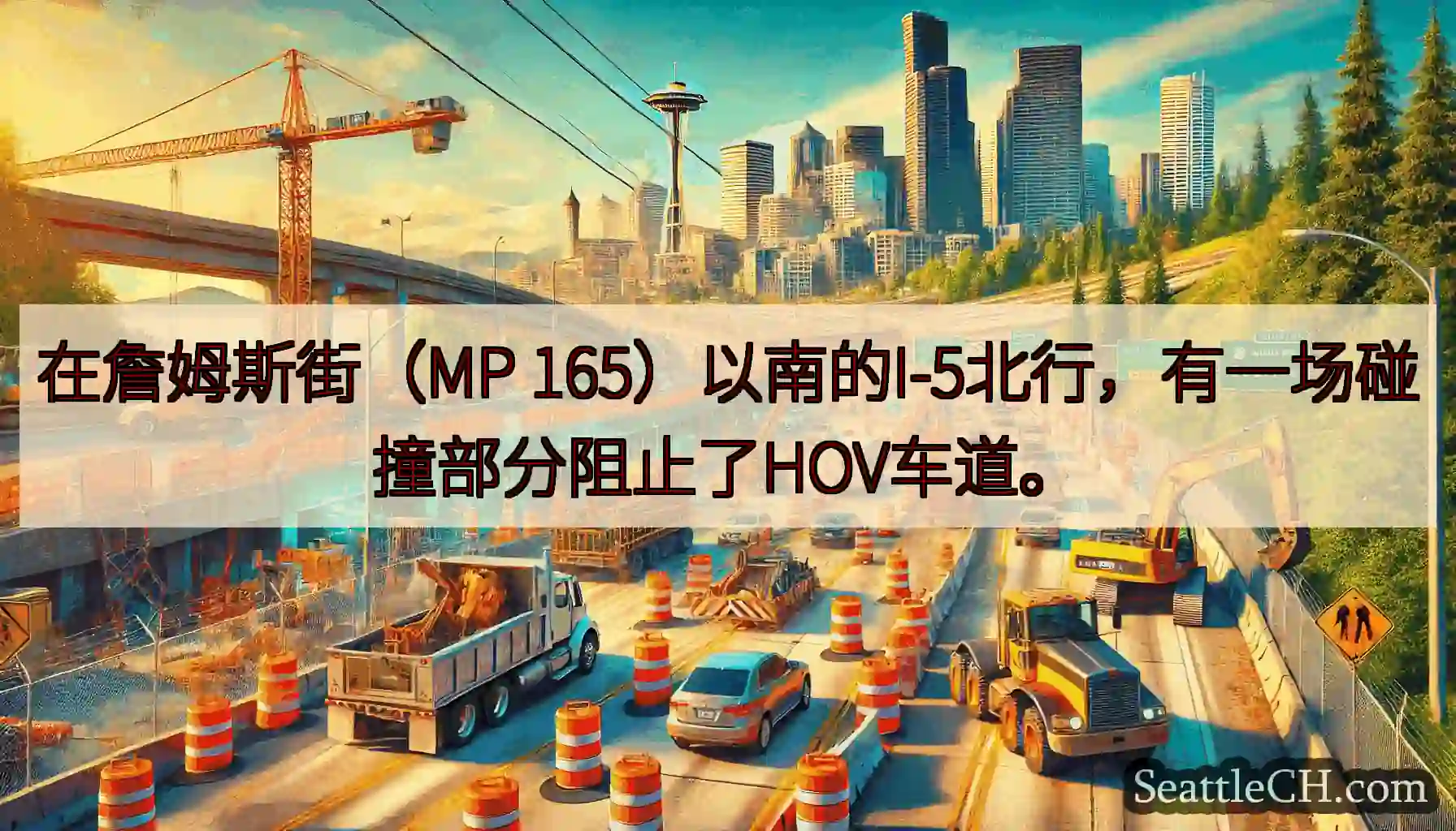 在詹姆斯街（MP 165）以南的I-5北行，有一场碰撞部分阻止了HOV车道。