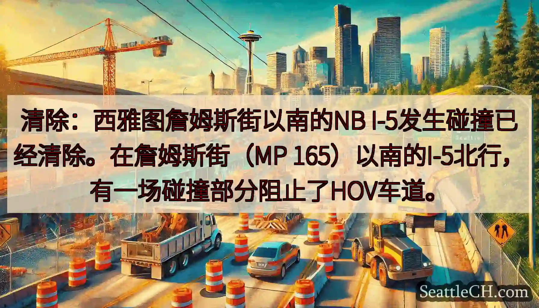 清除：西雅图詹姆斯街以南的NB I-5发生碰撞已经清除。在詹姆斯街（MP