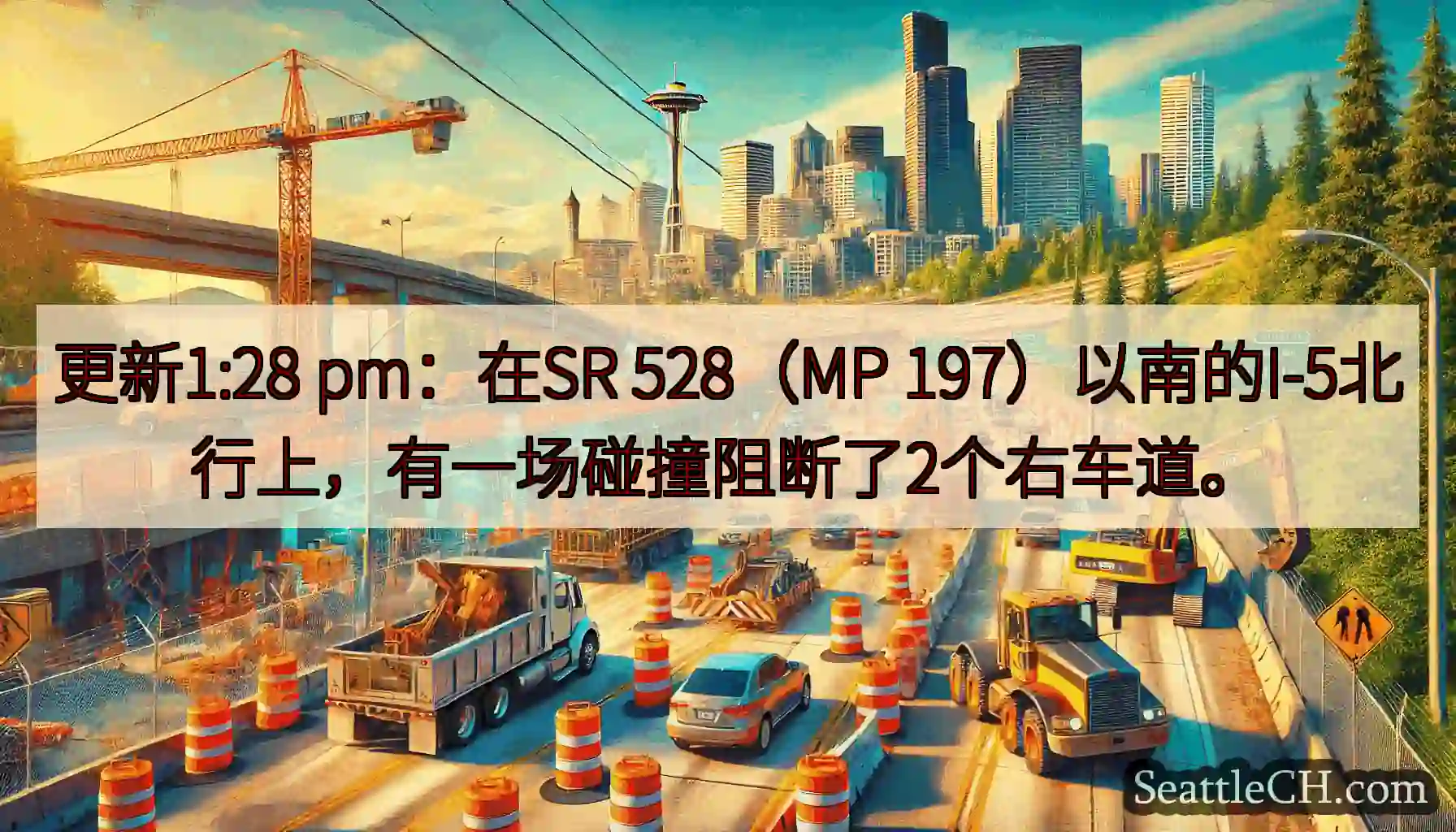 更新1:28 pm：在SR 528（MP 197）以南的I-5北行上，有一场碰撞阻断了2个右车道。
