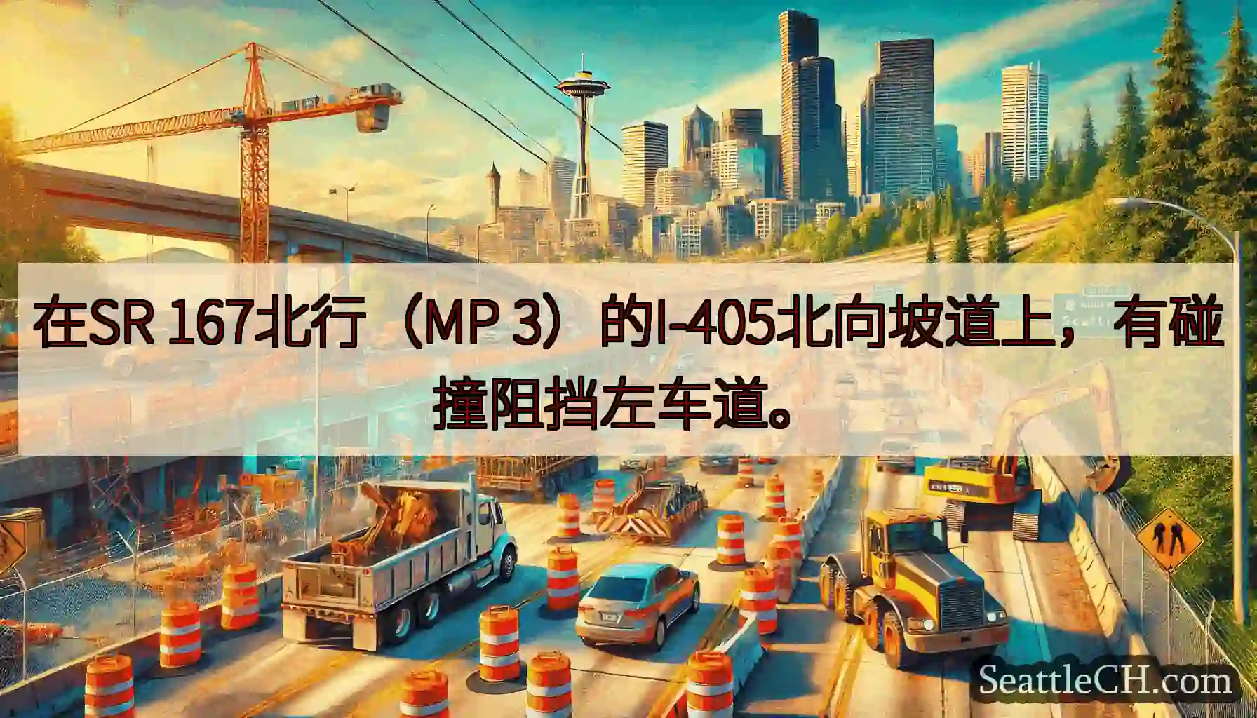 在SR 167北行（MP 3）的I-405北向坡道上，有碰撞阻挡左车道。