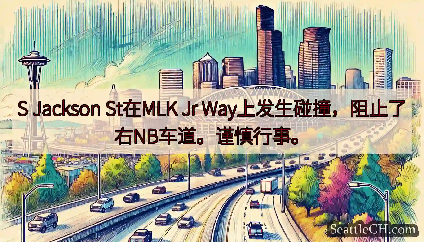 S Jackson St在MLK Jr Way上发生碰撞，阻止了右NB车道。谨慎行事。