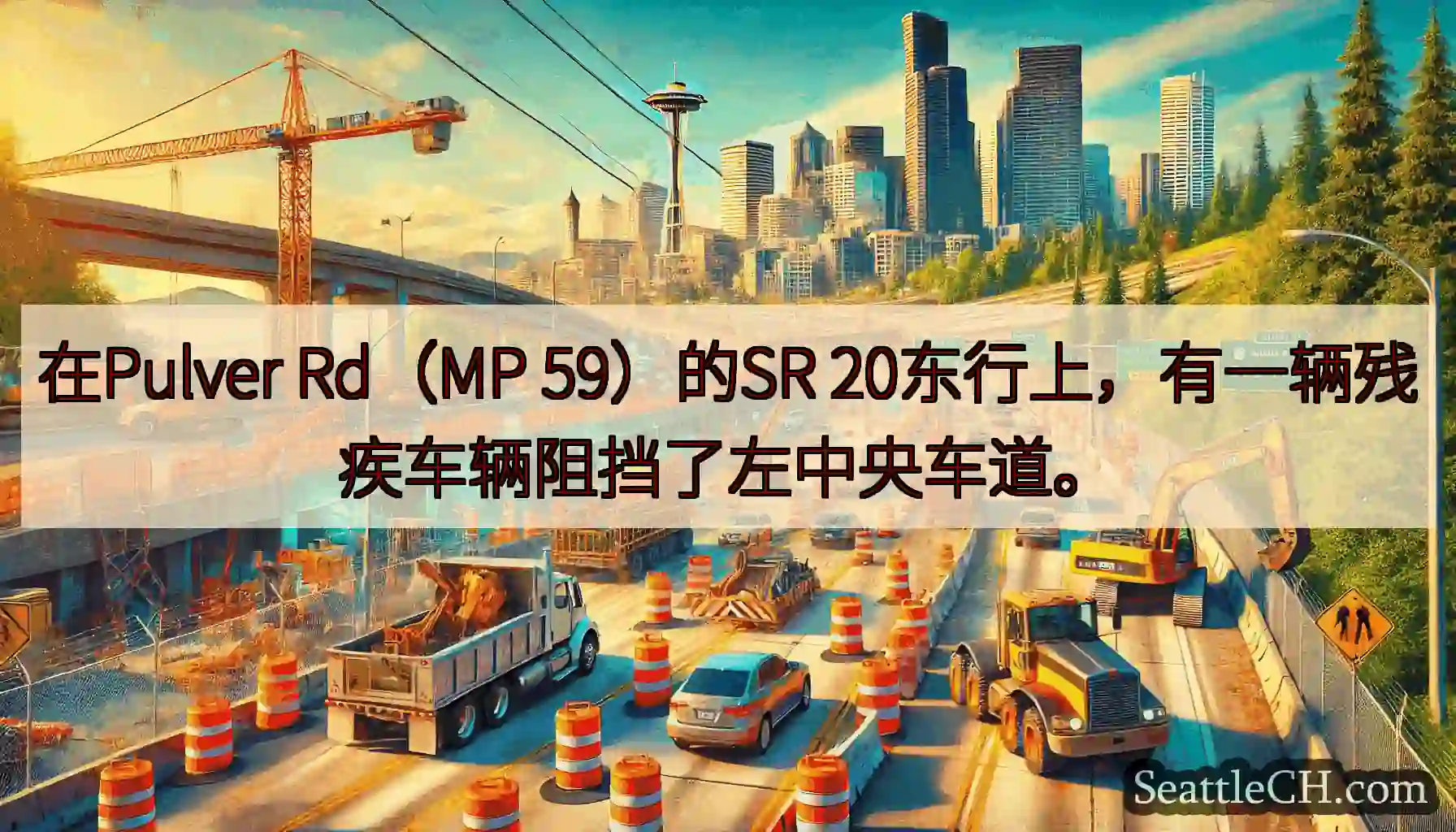 在Pulver Rd（MP 59）的SR 20东行上，有一辆残疾车辆阻挡了左中央车道。