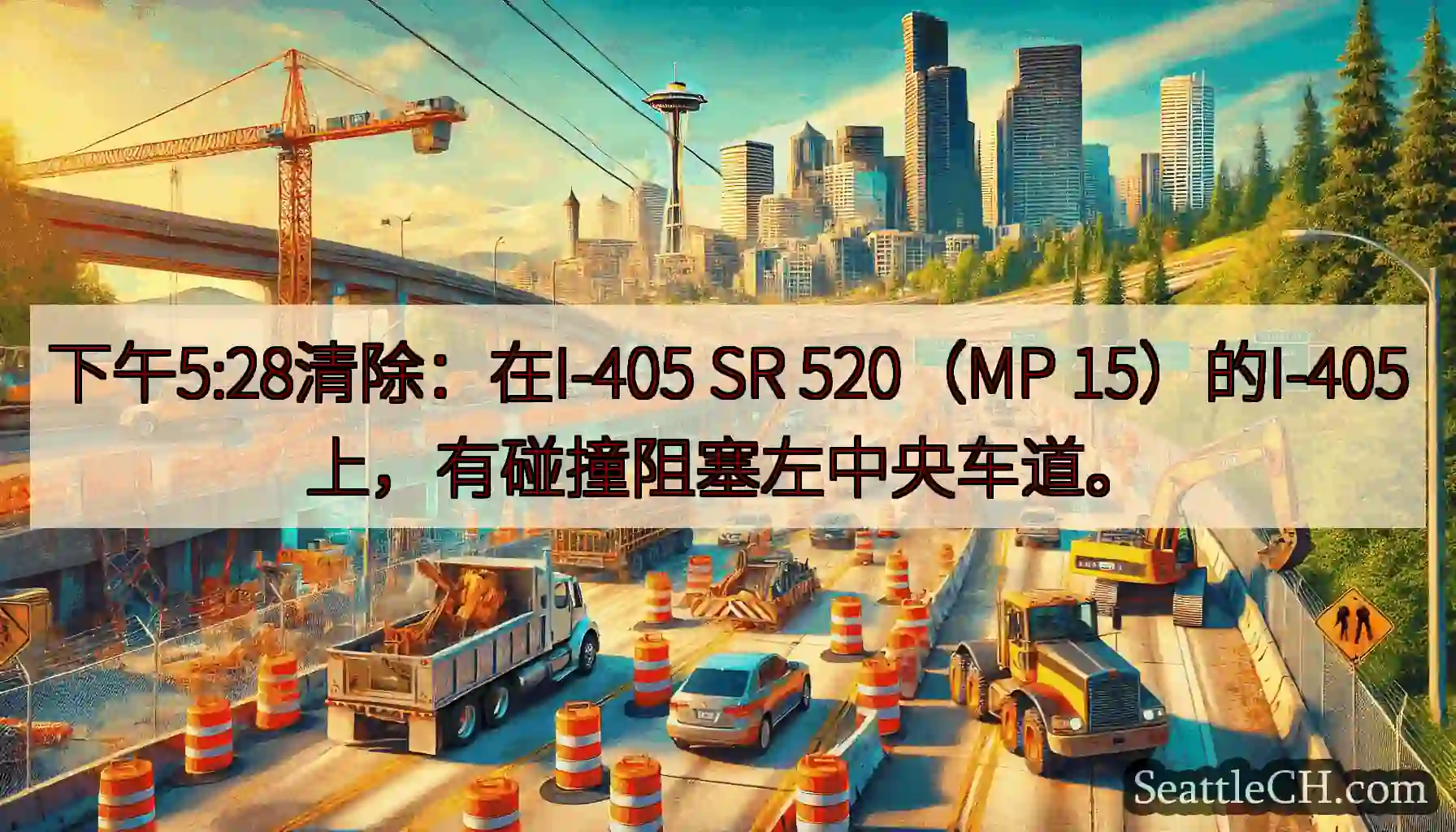 下午5:28清除：在I-405 SR 520（MP 15）的I-405上，有碰撞阻塞左中央车道。