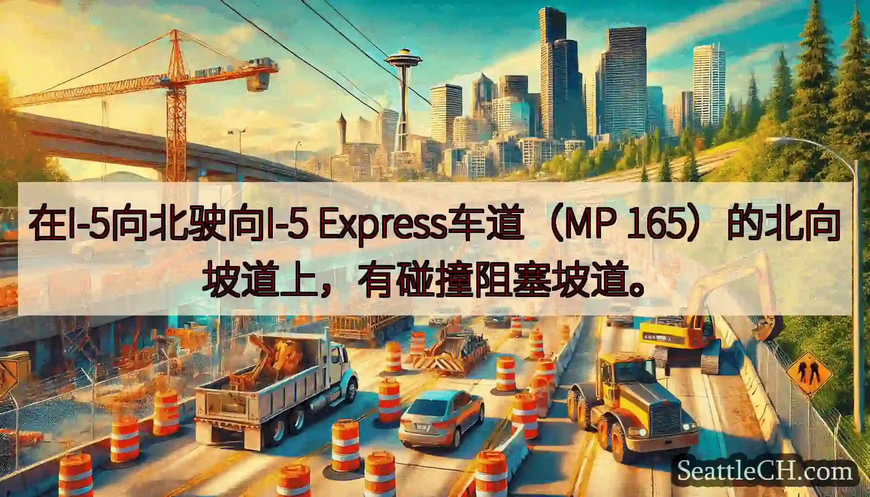 在I-5向北驶向I-5 Express车道（MP 165）的北向坡道上，有碰撞阻塞坡道。