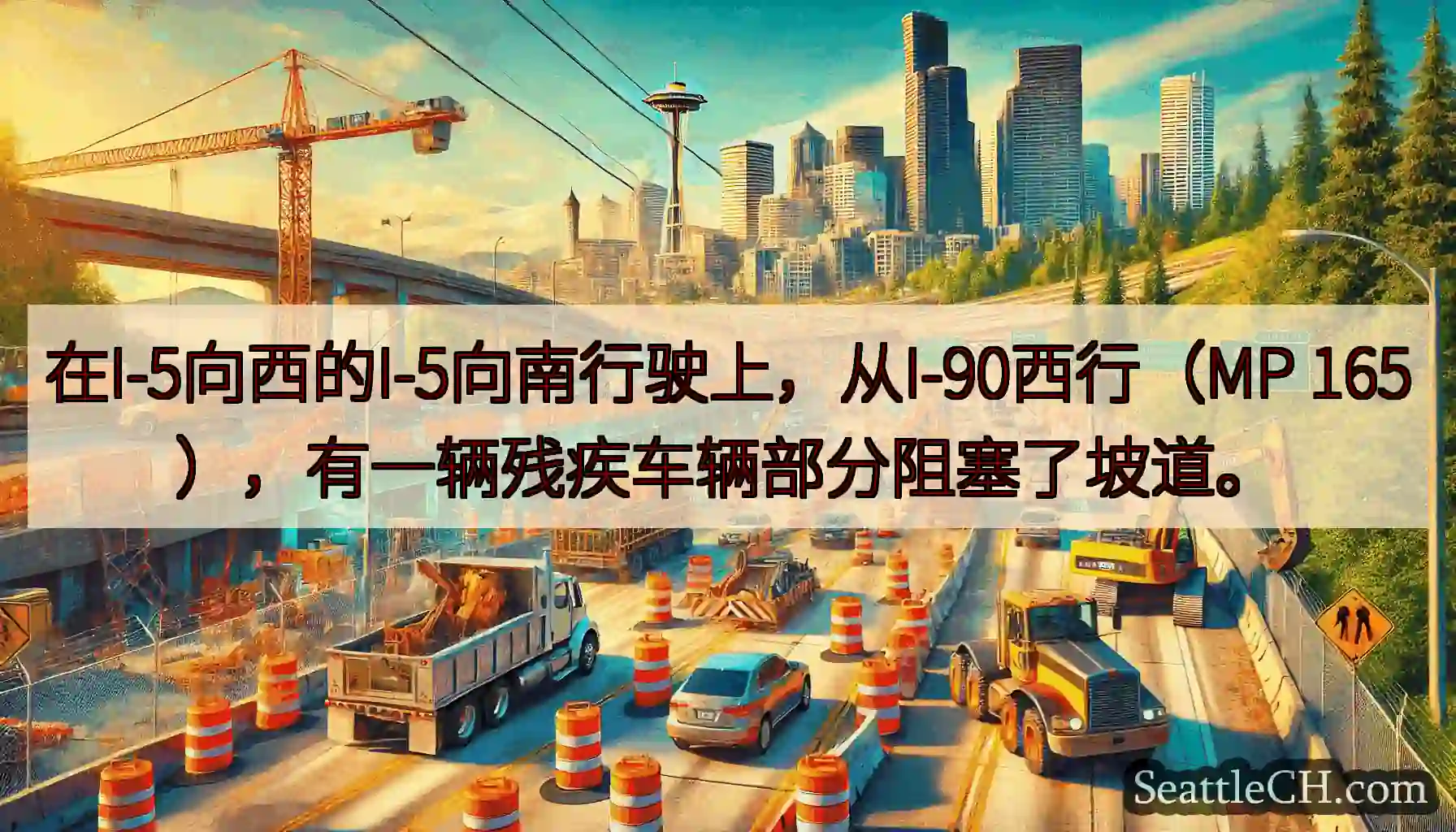 在I-5向西的I-5向南行驶上，从I-90西行（MP 165），有一辆残疾车辆部分阻塞了坡道。