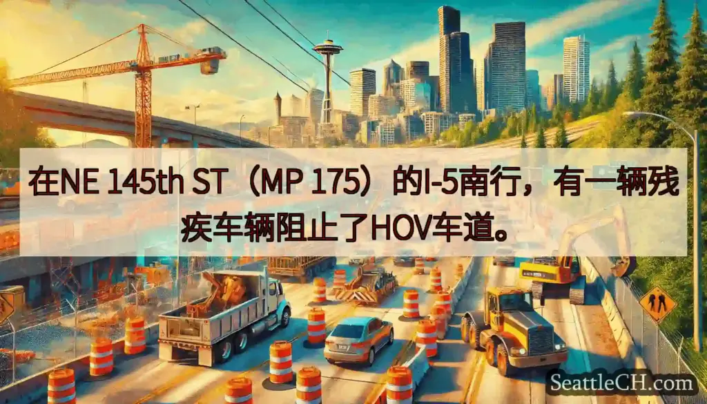 在NE 145th ST（MP 175）的I-5南行，有一辆残疾车辆阻止了HOV车道。