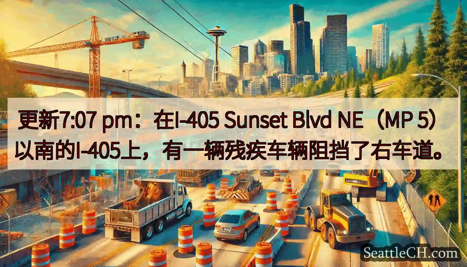 更新7:07 pm：在I-405 Sunset Blvd NE（MP