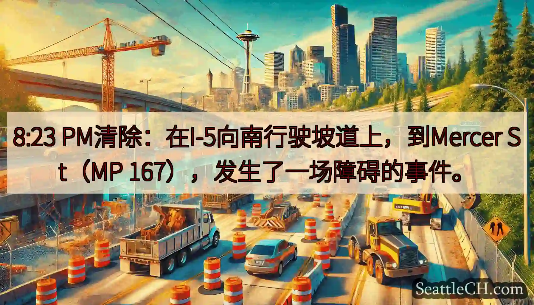 8:23 PM清除：在I-5向南行驶坡道上，到Mercer St（MP
