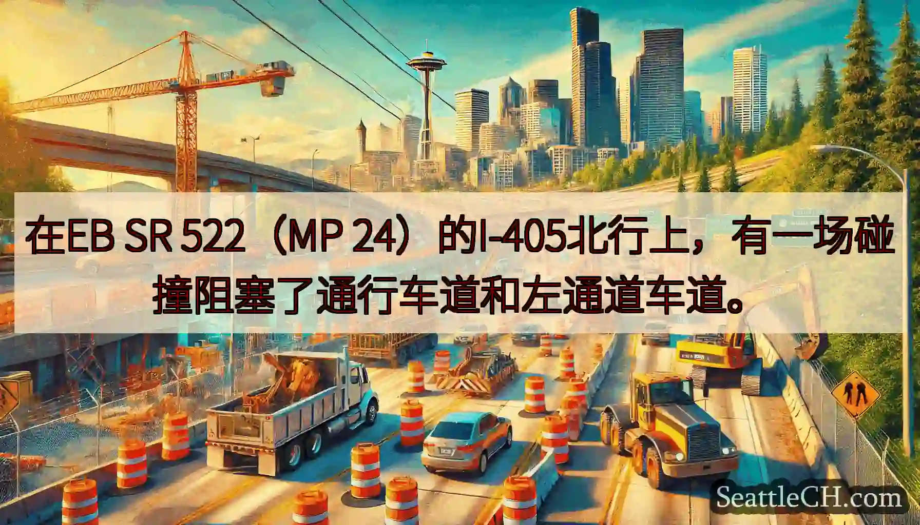 在EB SR 522（MP 24）的I-405北行上，有一场碰撞阻塞了通行车道和左通道车道。