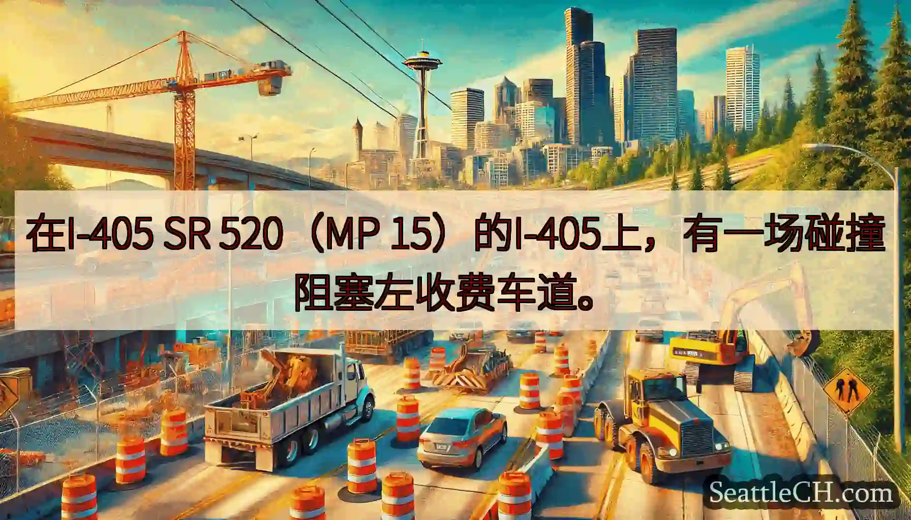 在I-405 SR 520（MP 15）的I-405上，有一场碰撞阻塞左收费车道。