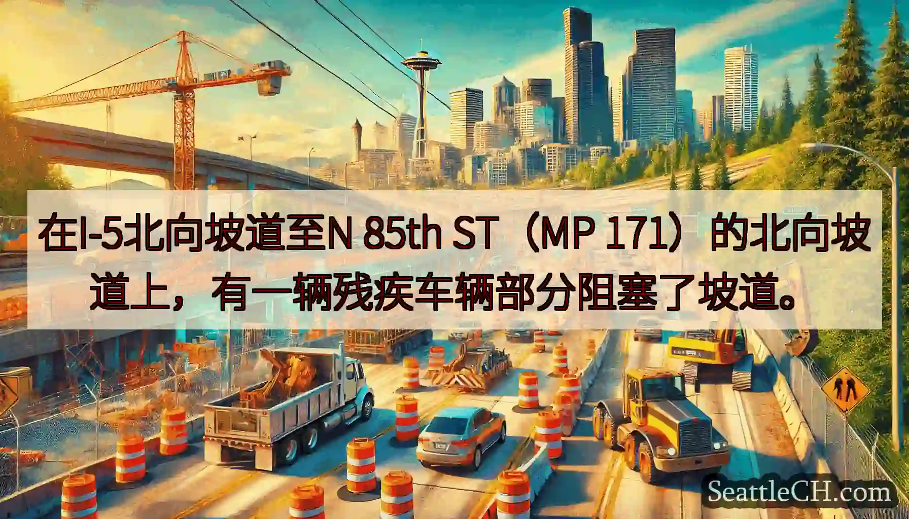 在I-5北向坡道至N 85th ST（MP 171）的北向坡道上，有一辆残疾车辆部分阻塞了坡道。