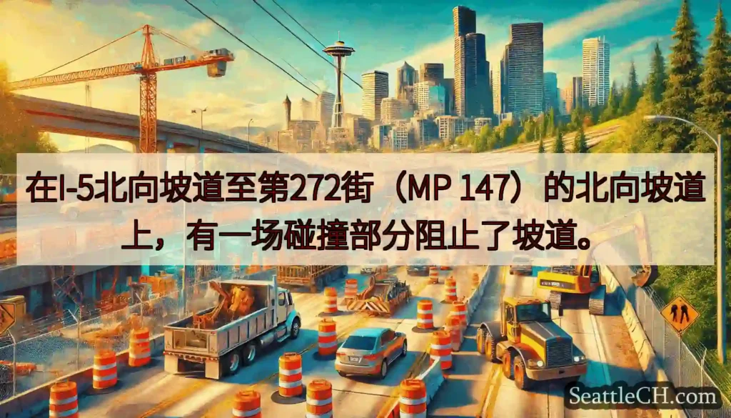 在I-5北向坡道至第272街（MP 147）的北向坡道上，有一场碰撞部分阻止了坡道。
