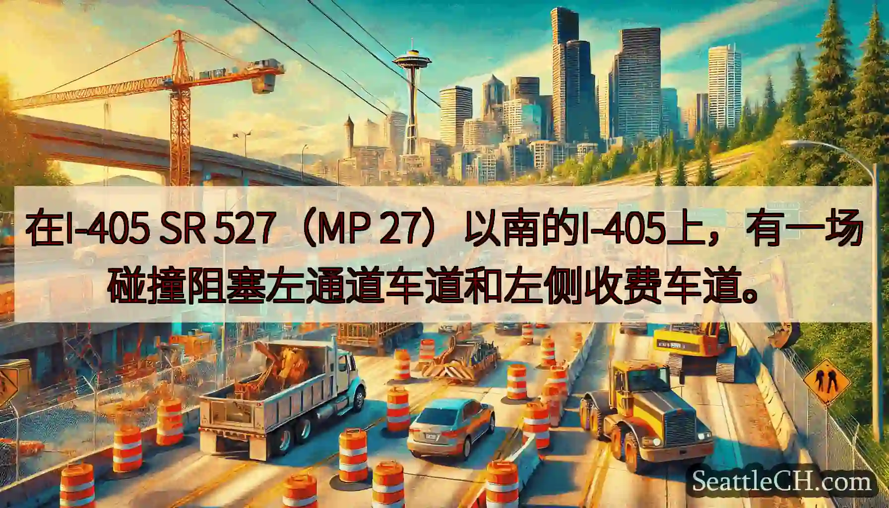 在I-405 SR 527（MP 27）以南的I-405上，有一场碰撞阻塞左通道车道和左侧收费车道。