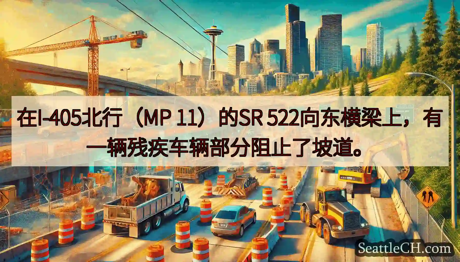 在I-405北行（MP 11）的SR 522向东横梁上，有一辆残疾车辆部分阻止了坡道。