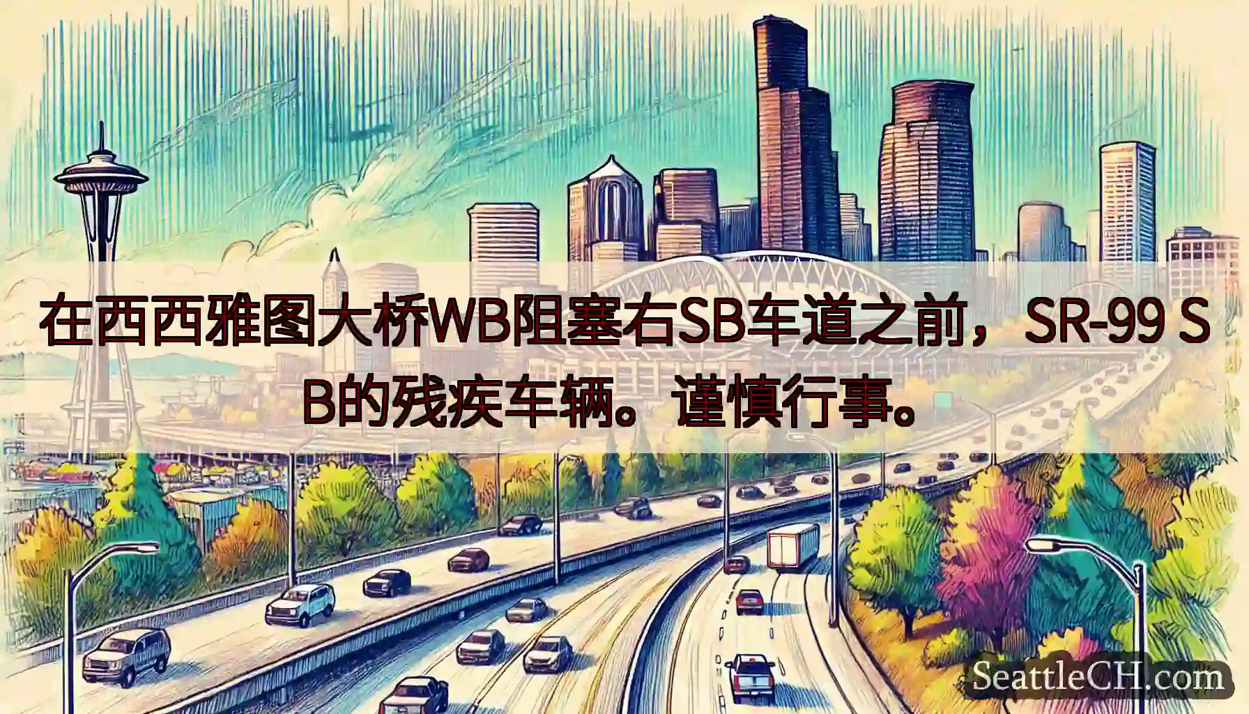 在西西雅图大桥WB阻塞右SB车道之前，SR-99 SB的残疾车辆。谨慎行事。