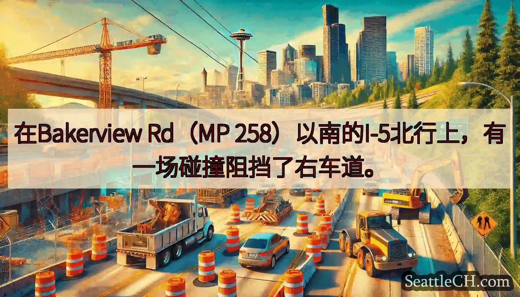 在Bakerview Rd（MP 258）以南的I-5北行上，有一场碰撞阻挡了右车道。