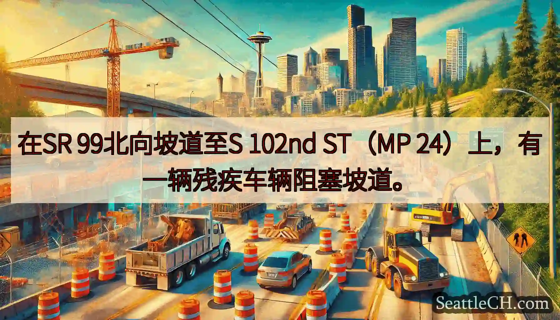 在SR 99北向坡道至S 102nd ST（MP 24）上，有一辆残疾车辆阻塞坡道。