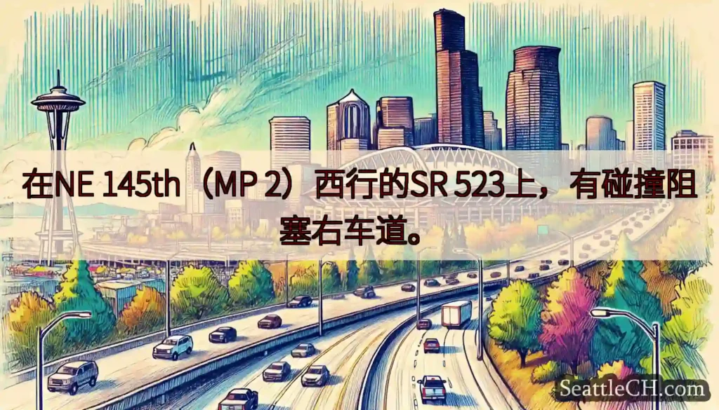 在NE 145th（MP 2）西行的SR 523上，有碰撞阻塞右车道。