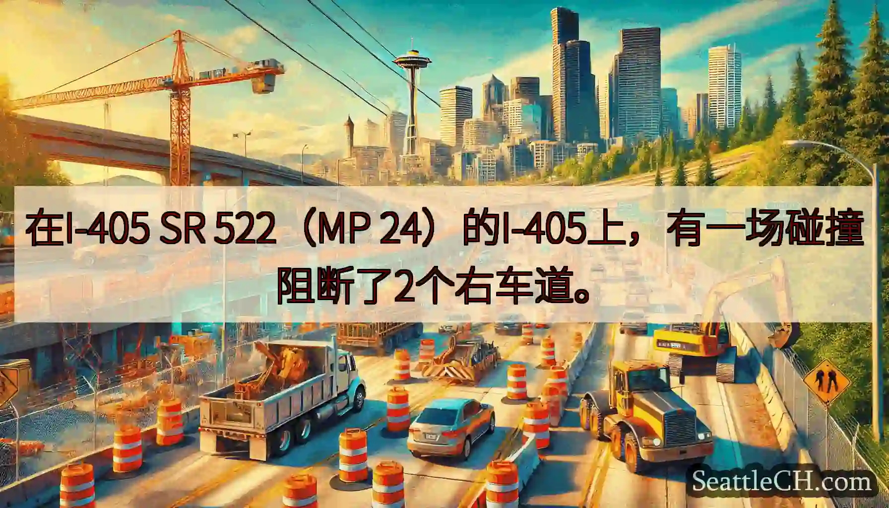 在I-405 SR 522（MP 24）的I-405上，有一场碰撞阻断了2个右车道。