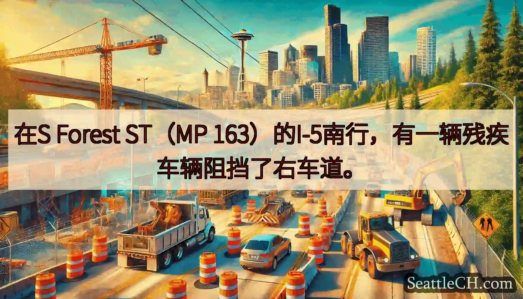 在S Forest ST（MP 163）的I-5南行，有一辆残疾车辆阻挡了右车道。