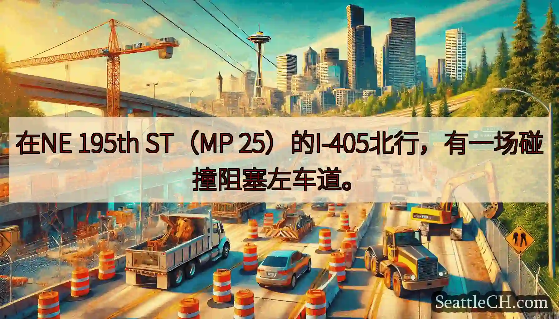 在NE 195th ST（MP 25）的I-405北行，有一场碰撞阻塞左车道。