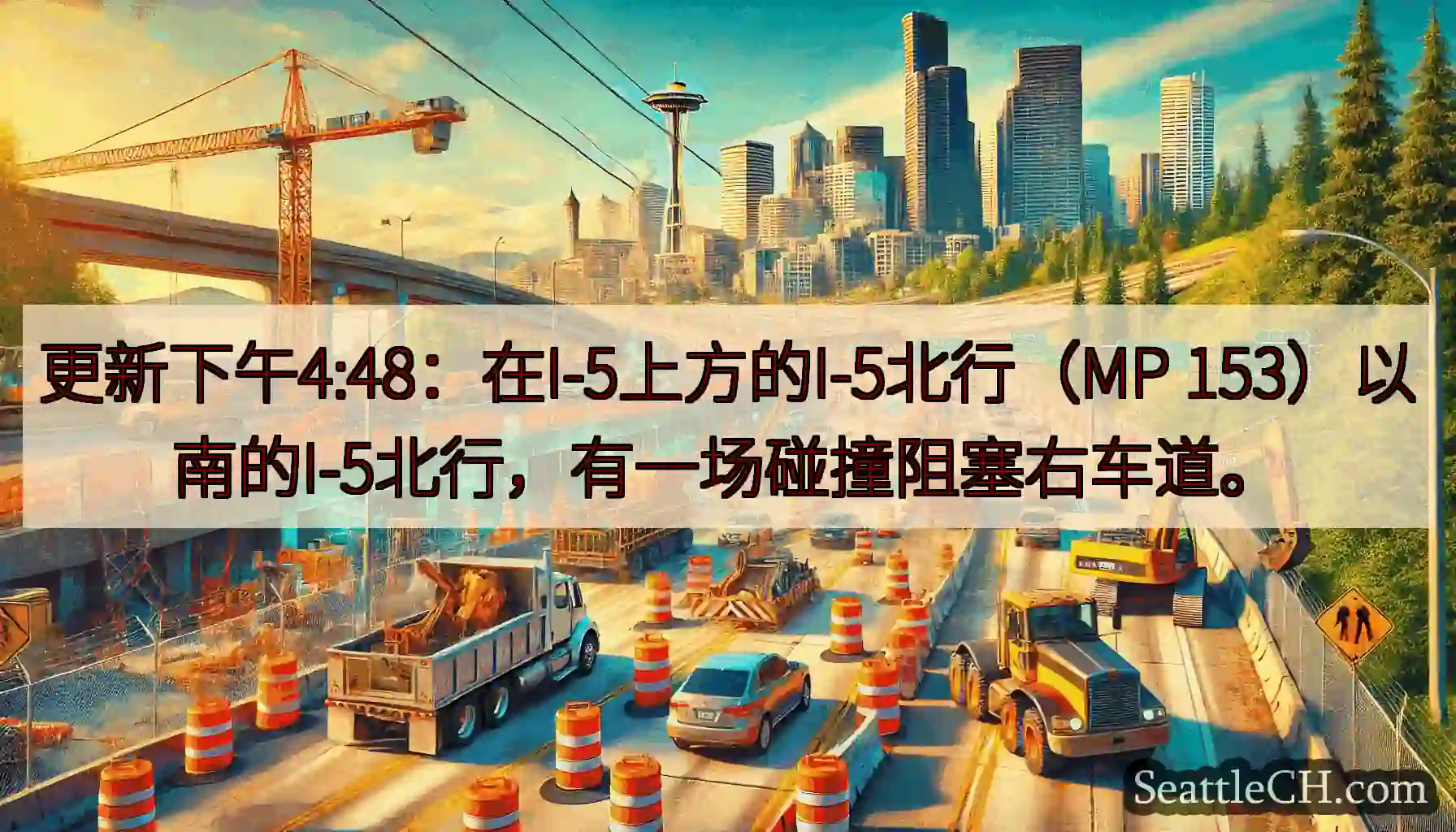 更新下午4:48：在I-5上方的I-5北行（MP 153）以南的I-5北行，有一场碰撞阻塞右车道。