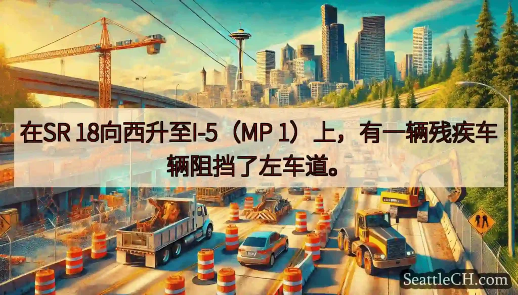 在SR 18向西升至I-5（MP 1）上，有一辆残疾车辆阻挡了左车道。
