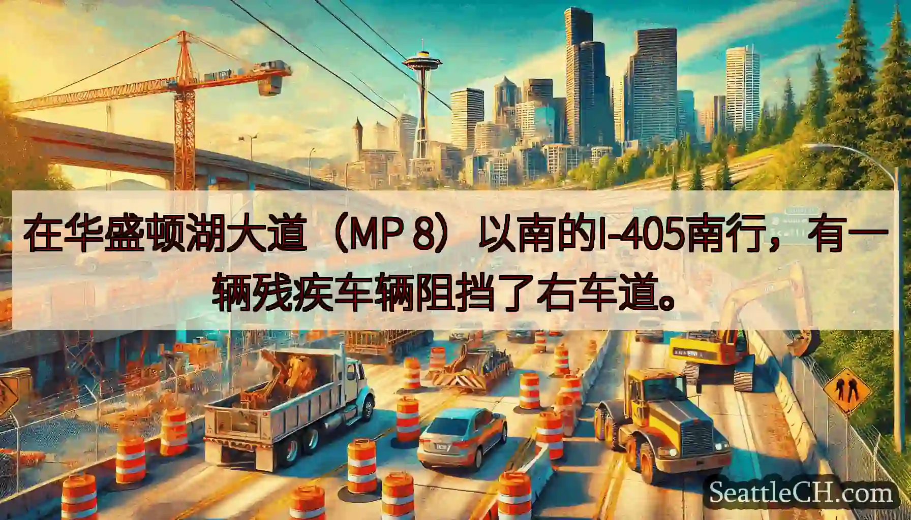 在华盛顿湖大道（MP 8）以南的I-405南行，有一辆残疾车辆阻挡了右车道。