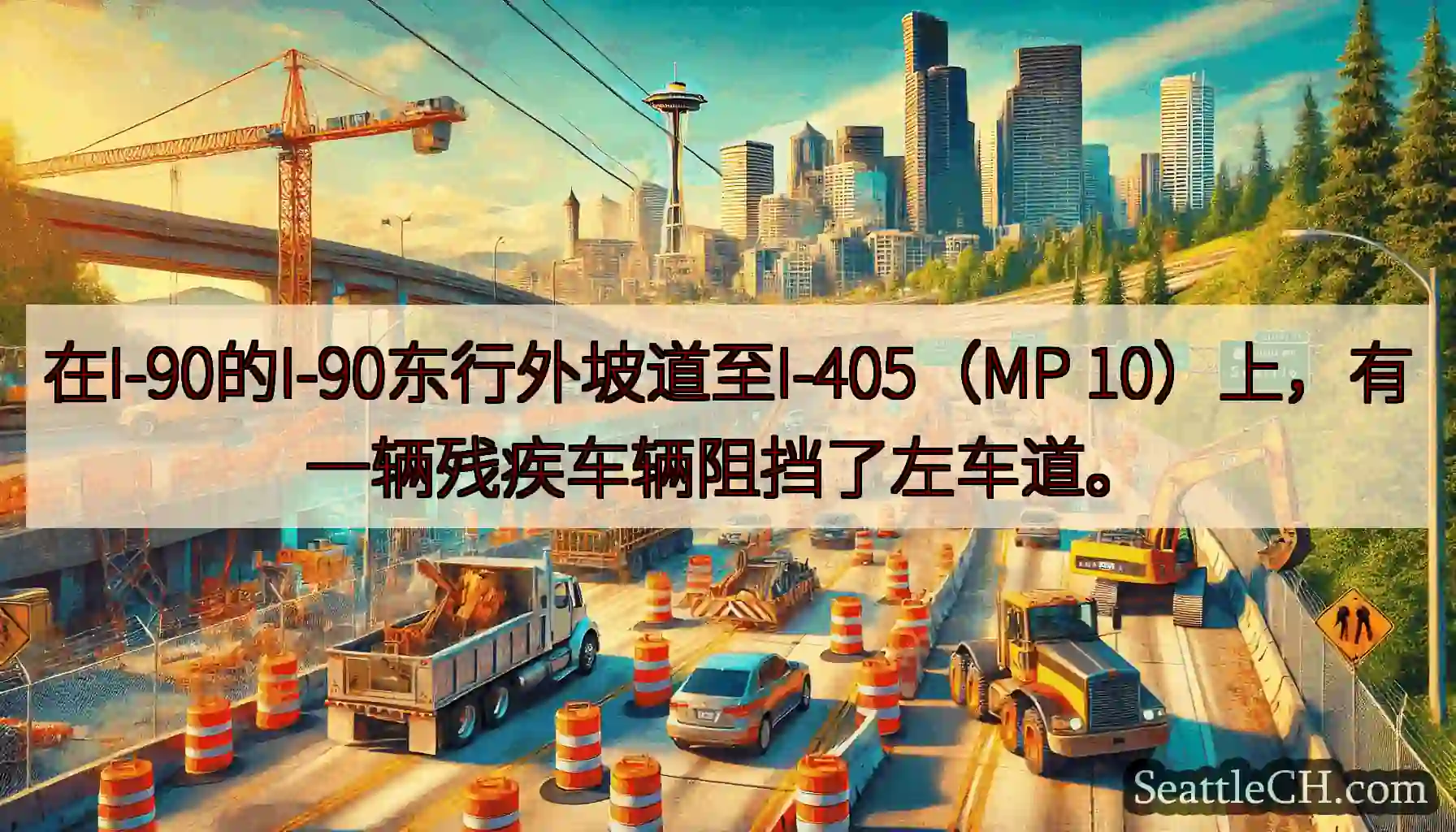 在I-90的I-90东行外坡道至I-405（MP 10）上，有一辆残疾车辆阻挡了左车道。