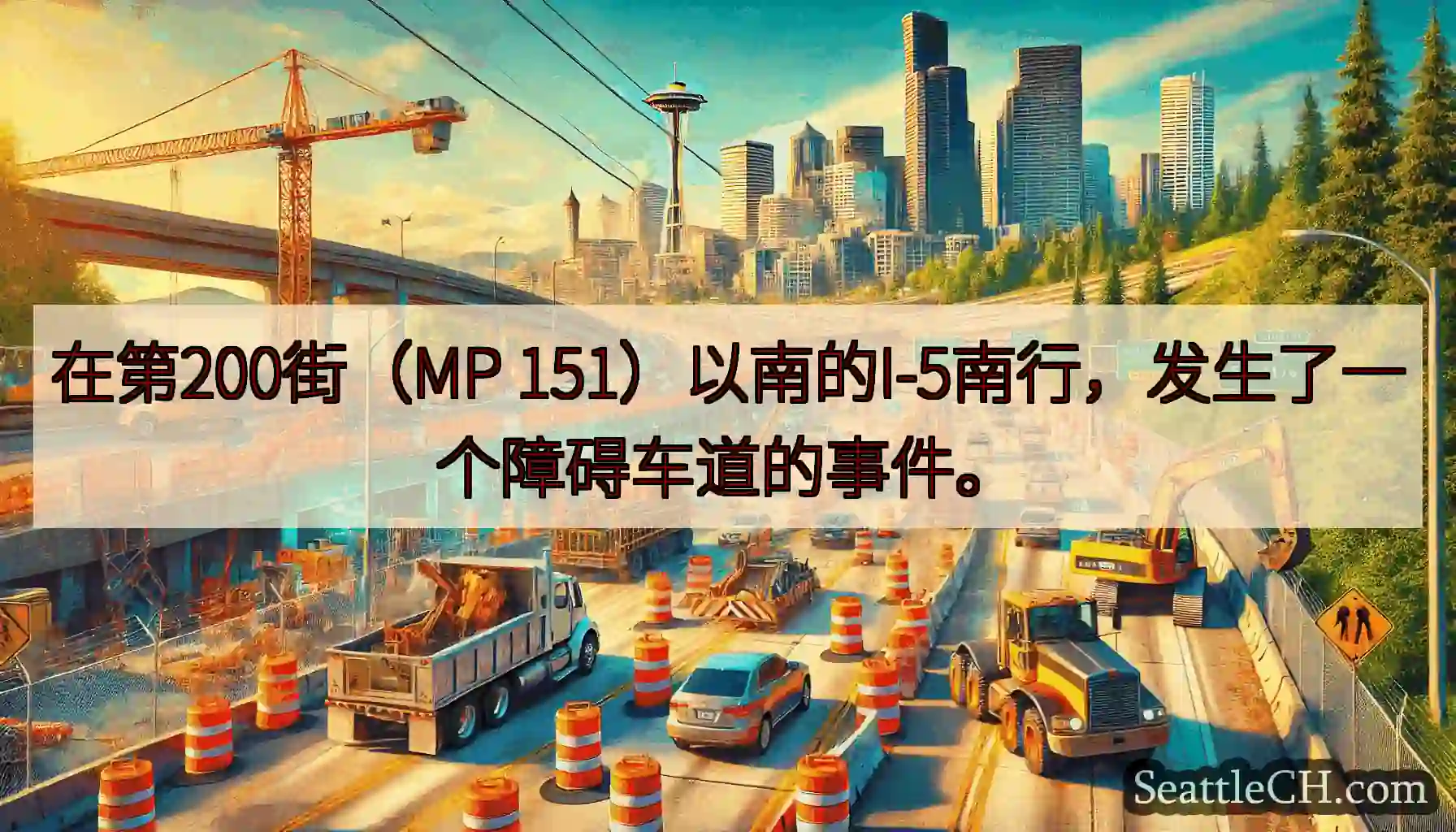 在第200街（MP 151）以南的I-5南行，发生了一个障碍车道的事件。