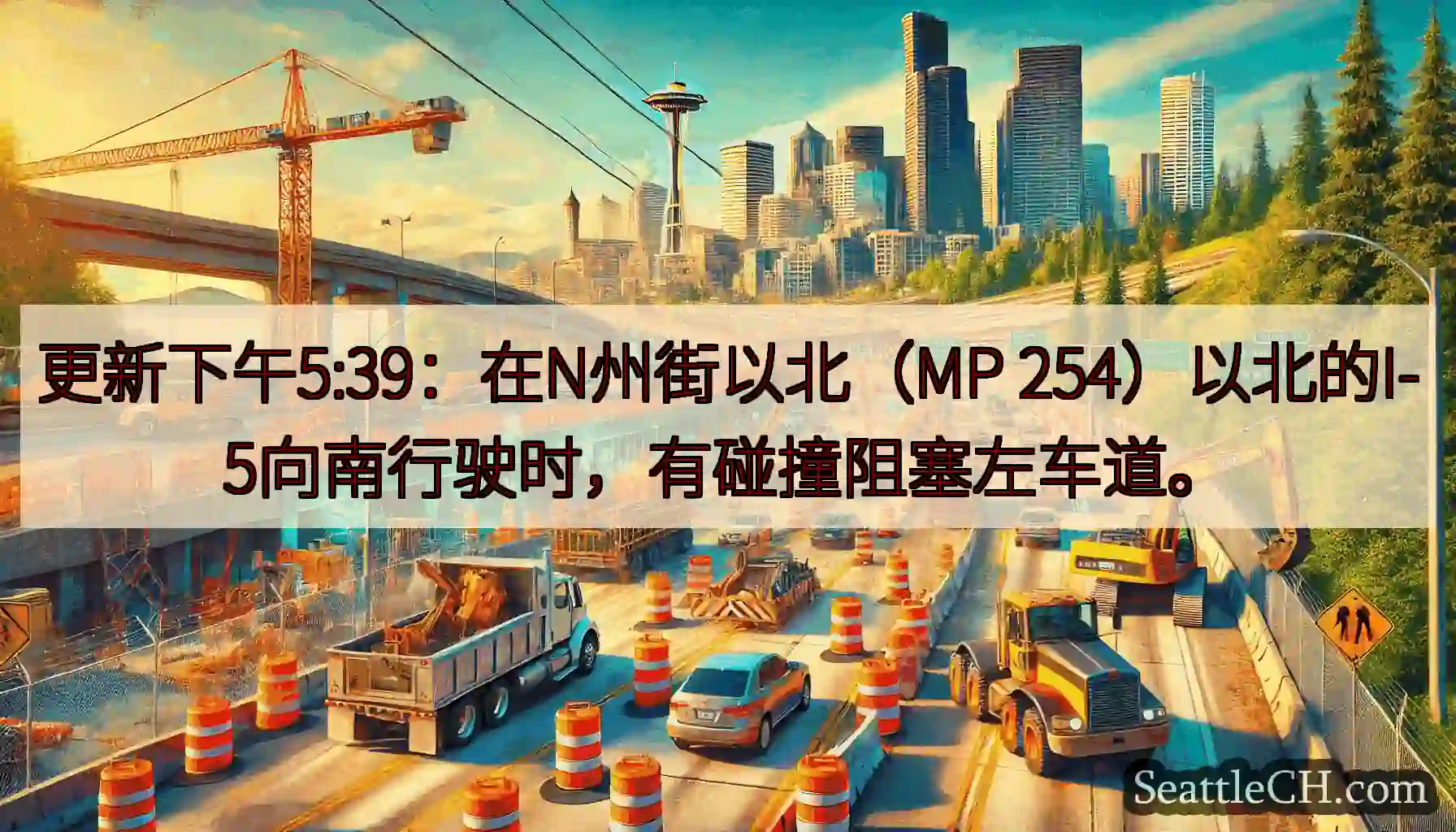 更新下午5:39：在N州街以北（MP 254）以北的I-5向南行驶时，有碰撞阻塞左车道。