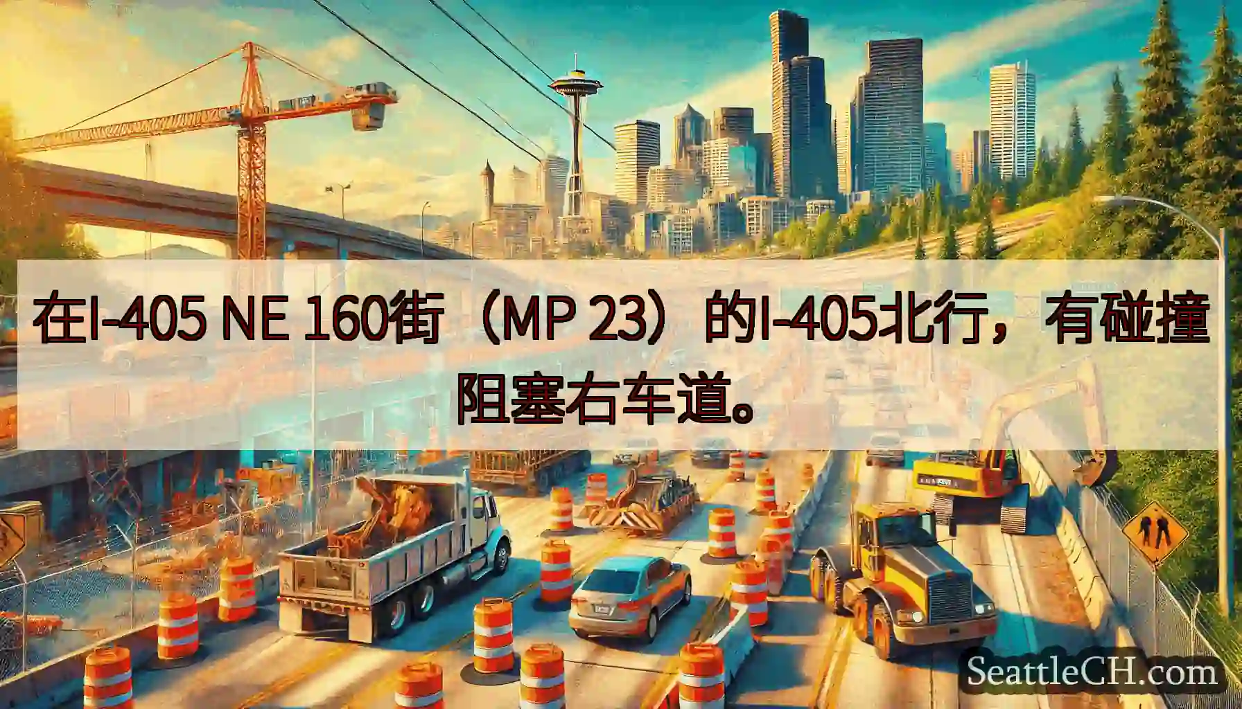 在I-405 NE 160街（MP 23）的I-405北行，有碰撞阻塞右车道。