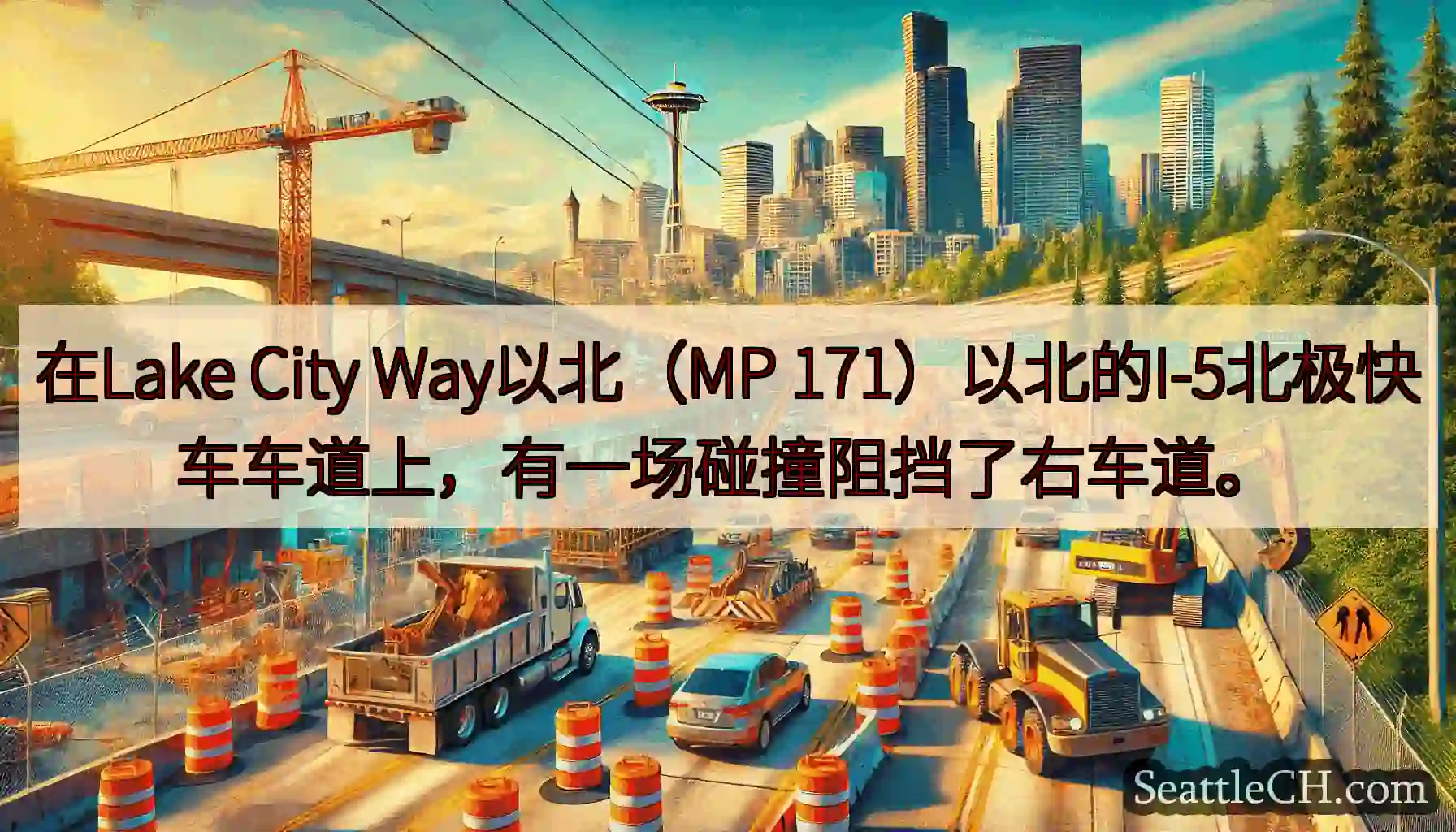 在Lake City Way以北（MP 171）以北的I-5北极快车车道上，有一场碰撞阻挡了右车道。