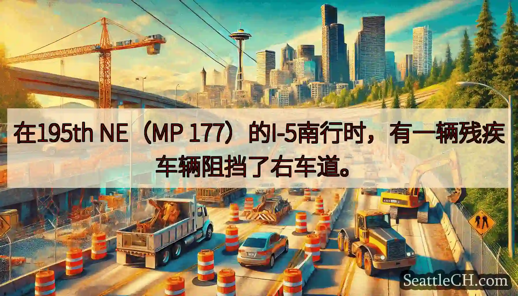 在195th NE（MP 177）的I-5南行时，有一辆残疾车辆阻挡了右车道。