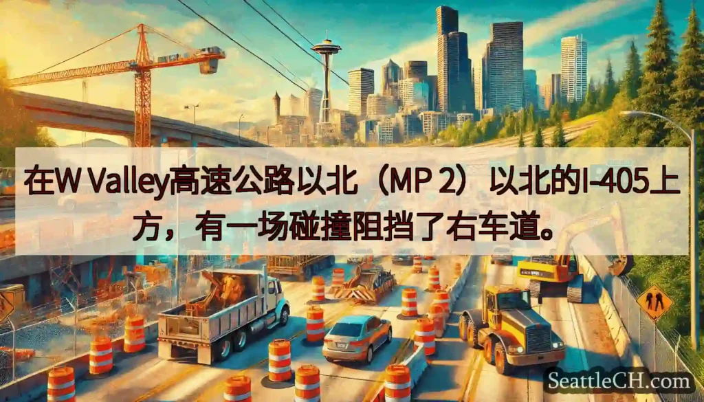 在W Valley高速公路以北（MP 2）以北的I-405上方，有一场碰撞阻挡了右车道。