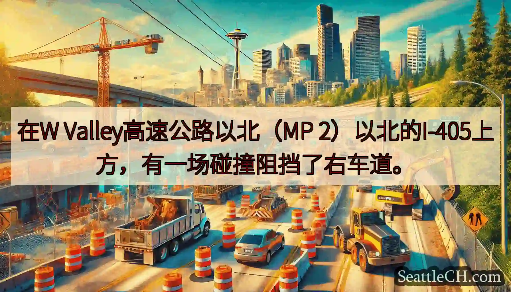 在W Valley高速公路以北（MP 2）以北的I-405上方，有一场碰撞阻挡了右车道。
