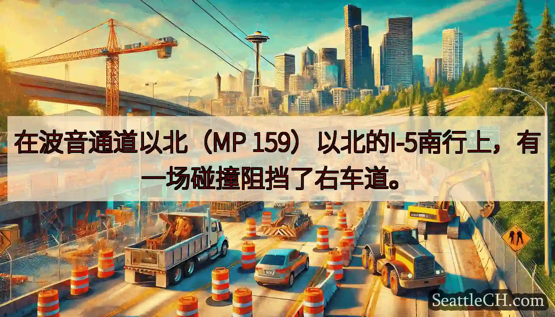 在波音通道以北（MP 159）以北的I-5南行上，有一场碰撞阻挡了右车道。
